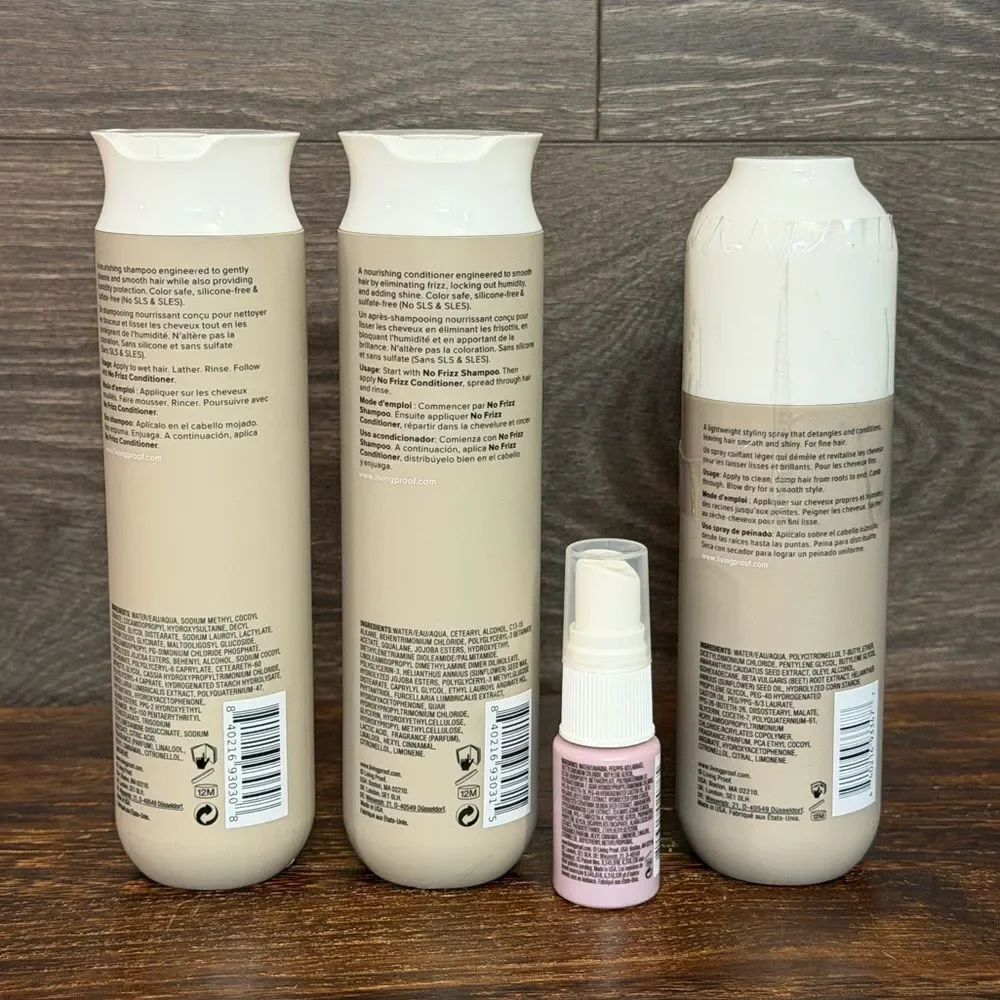 Living Proof No Frizz Shampoo Conditioner Smooth Spray Bundle + Mini, New.